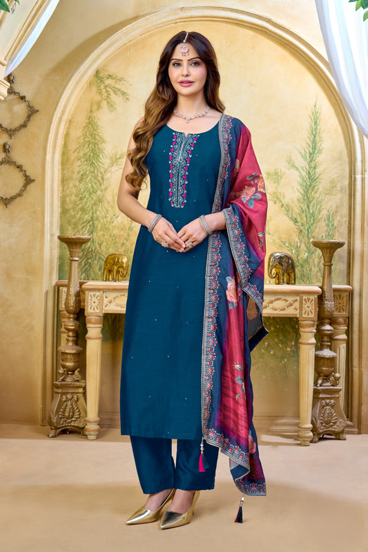 Teal Straight Kurta Set with Floral Printed Dupatta