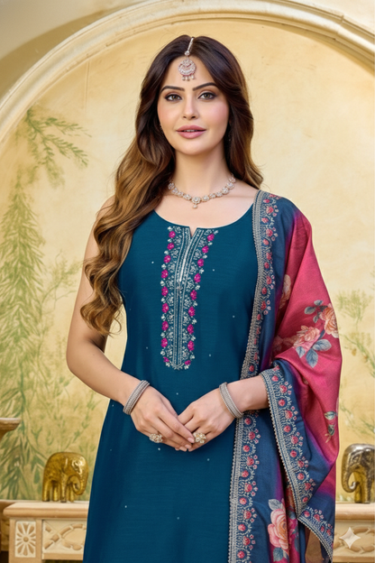 Teal Straight Kurta Set with Floral Printed Dupatta