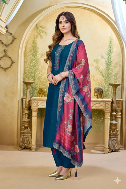 Teal Straight Kurta Set with Floral Printed Dupatta