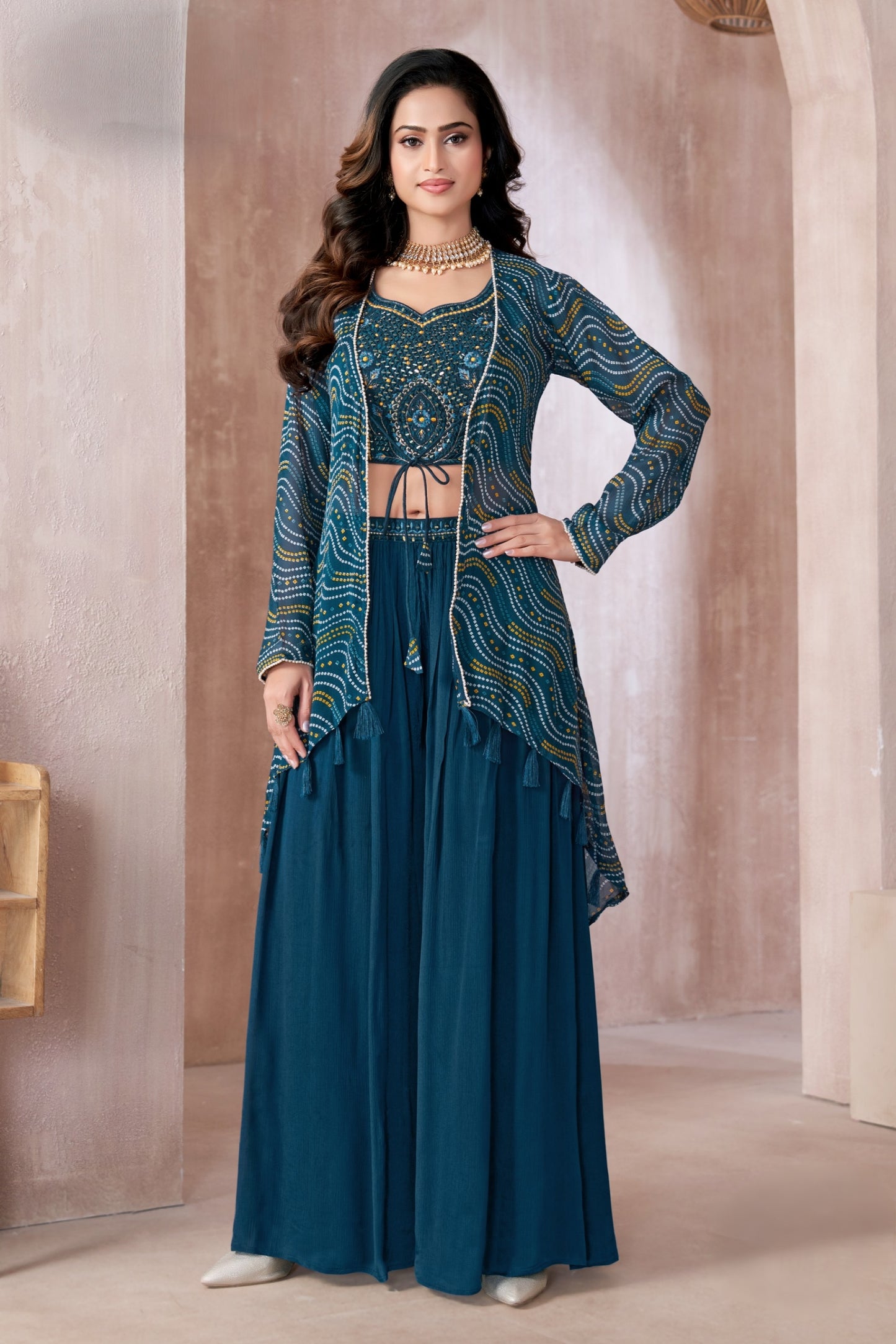 Teal Embroidered Crop Top with Flared Skirt & Printed Jacket Set