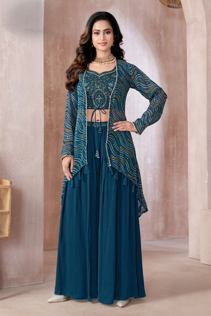 Teal Embroidered Crop Top with Flared Skirt & Printed Jacket Set