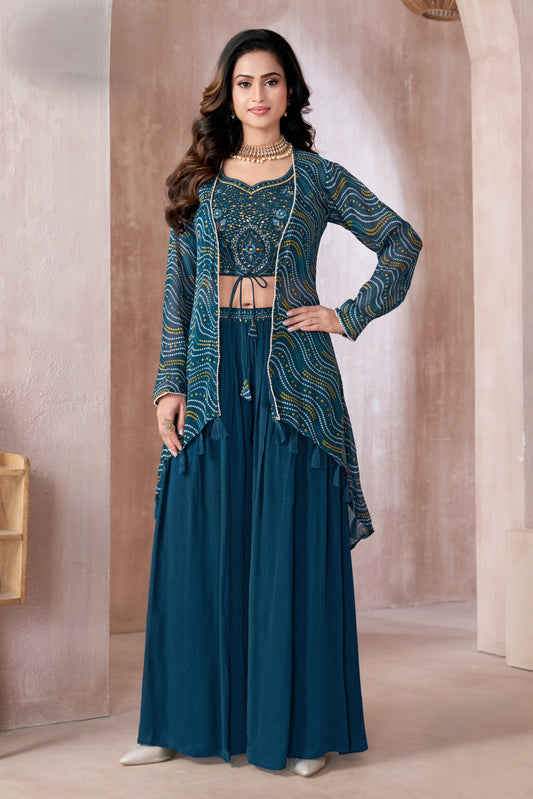 Teal Embroidered Crop Top with Flared Skirt & Printed Jacket Set