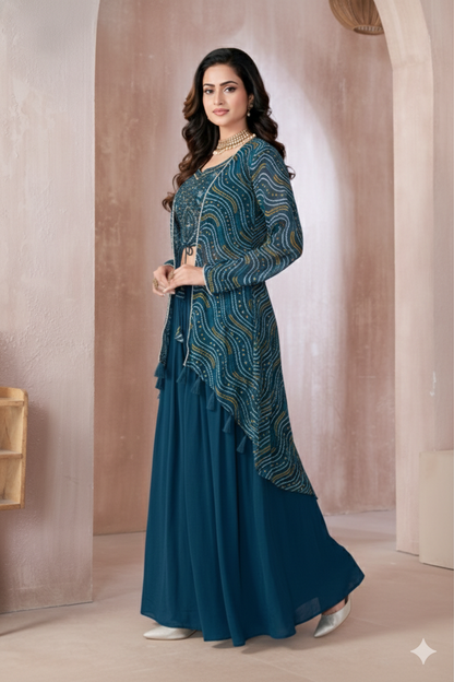 Teal Embroidered Crop Top with Flared Skirt & Printed Jacket Set