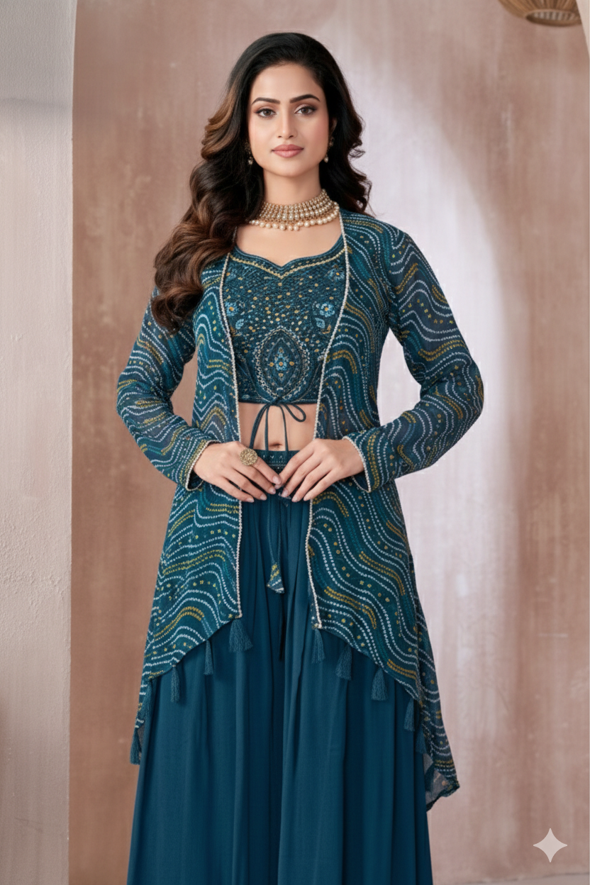 Teal Embroidered Crop Top with Flared Skirt & Printed Jacket Set