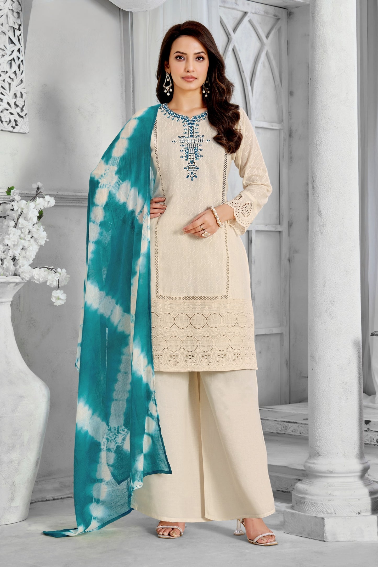 Embroidered Kurta Set with Teal Tie-Dye Dupatta