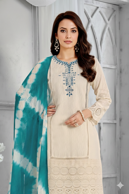 Embroidered Kurta Set with Teal Tie-Dye Dupatta