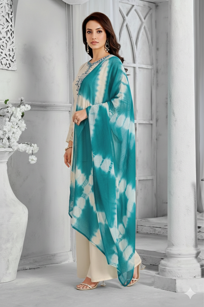 Embroidered Kurta Set with Teal Tie-Dye Dupatta