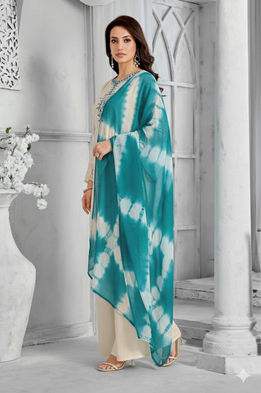 Embroidered Kurta Set with Teal Tie-Dye Dupatta