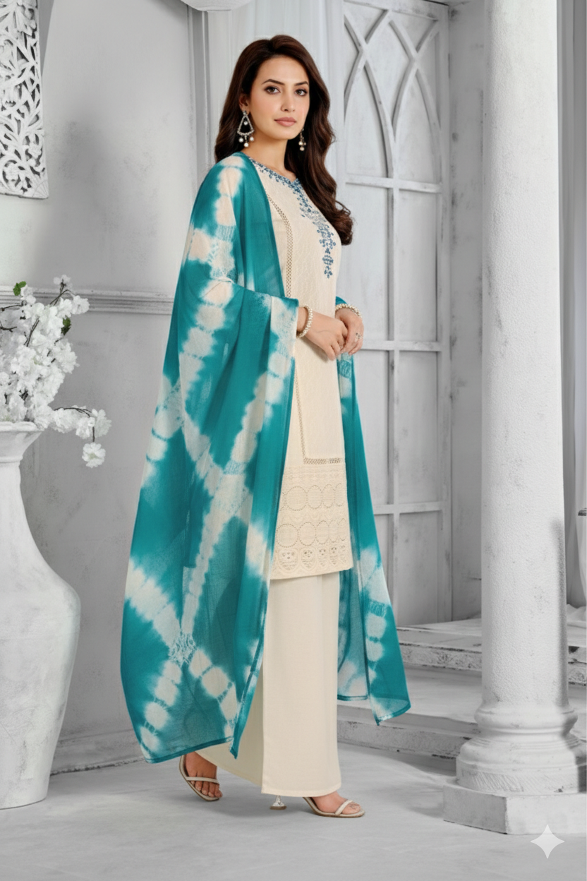 Embroidered Kurta Set with Teal Tie-Dye Dupatta