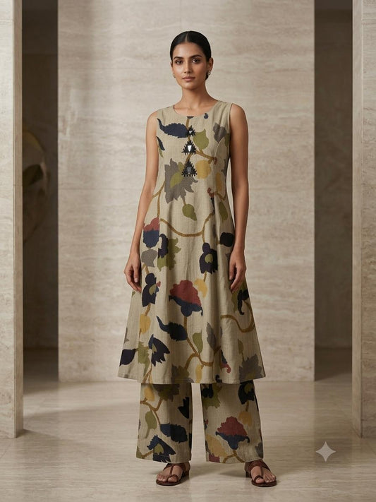 Beige Floral Vertical Fabric Co-Ord Set for women