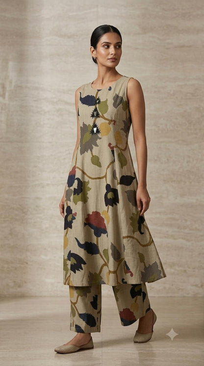 Beige Floral Vertical Fabric Co-Ord Set for women