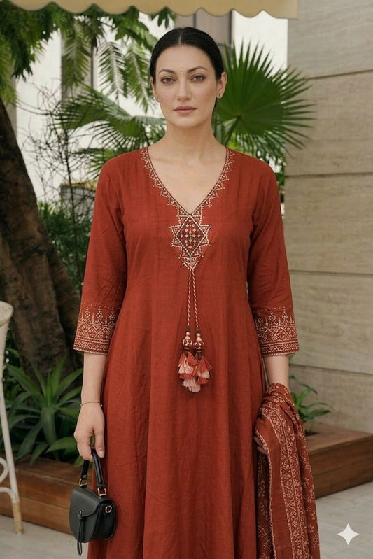 Cotton Anarkali Set with Printed Dupatta
