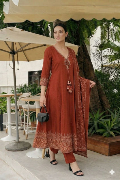 Cotton Anarkali Set with Printed Dupatta