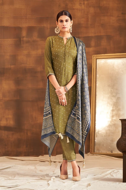 Olive Green Kurta Pant Dupatta Set for Women