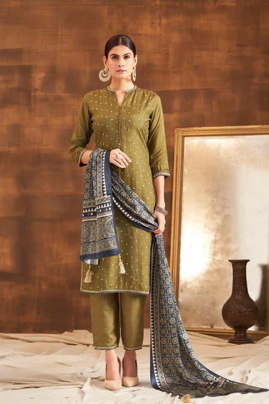 Olive Green Kurta Pant Dupatta Set for Women