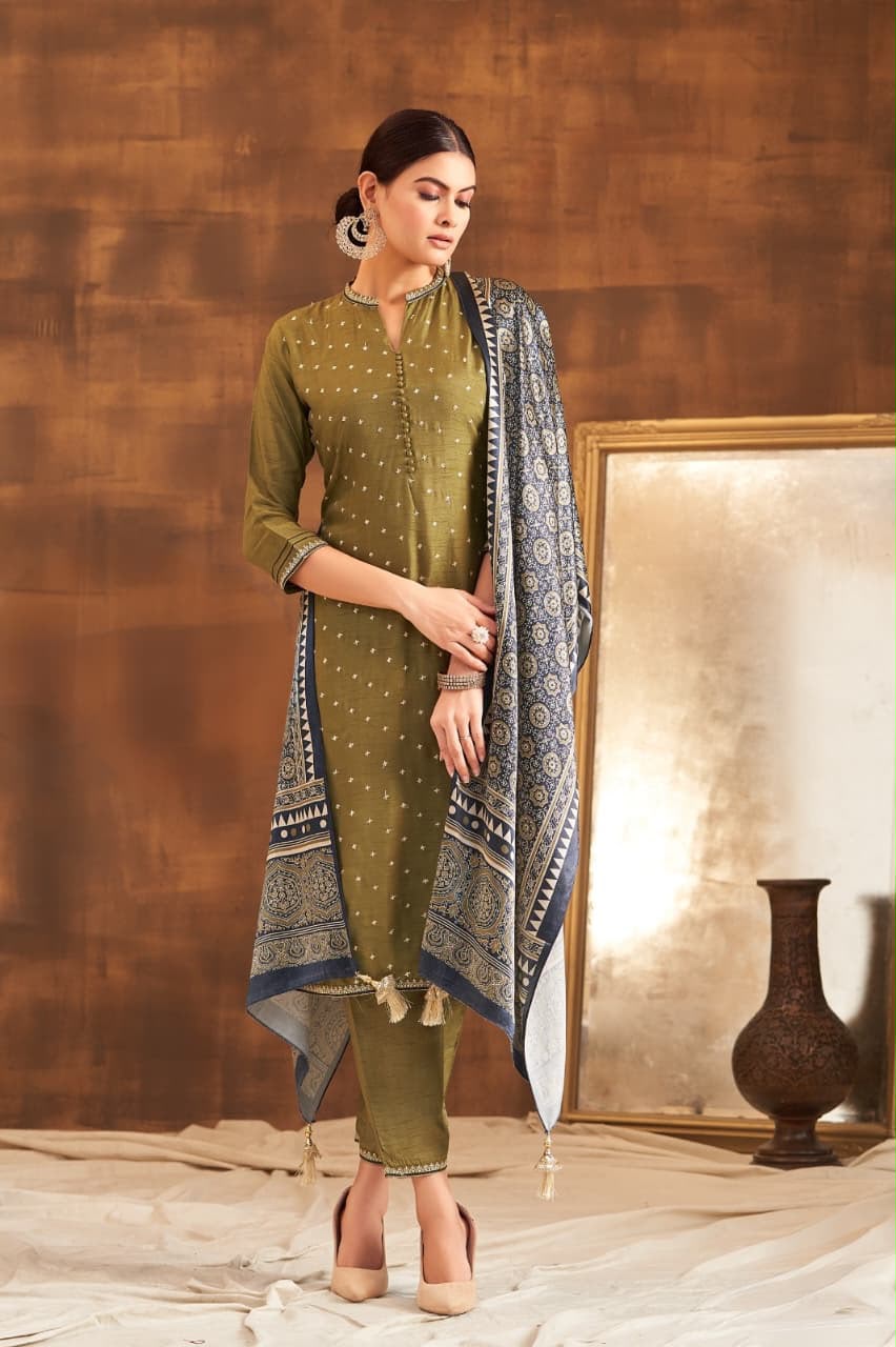 Olive Green Kurta Pant Dupatta Set for Women
