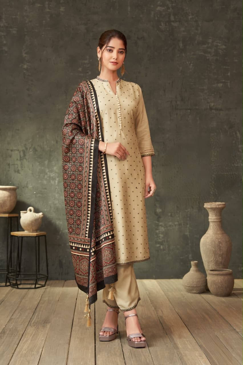Ivory Beige Kurta Pant Dupatta Set for Women