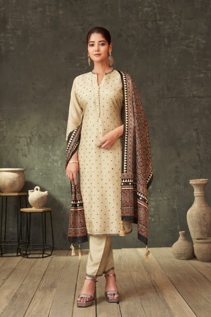 Ivory Beige Kurta Pant Dupatta Set for Women