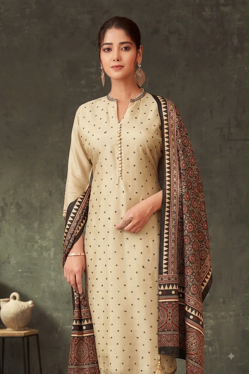 Ivory Beige Kurta Pant Dupatta Set for Women