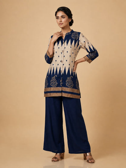 Women’s Printed Kurta Palazzo Set | Blue & Beige