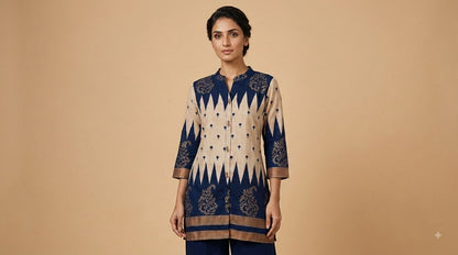Women’s Printed Kurta Palazzo Set | Blue & Beige