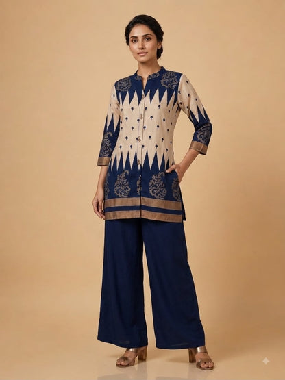 Women’s Printed Kurta Palazzo Set | Blue & Beige